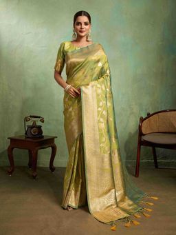 Sethnic Lifestyle - Banarasi Soft Silk Minakari Woven Green Saree with Unstitched