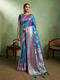 Sethnic Lifestyle - Banarasi Soft Silk Minakari Woven Teal Saree with Unstitched