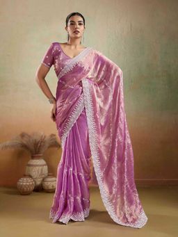 Sethnic Lifestyle - Chiffon Velvet Embroidered Lavender Saree with Unstitched