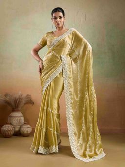 Sethnic Lifestyle - Chiffon Velvet Embroidered Green Saree with Unstitched
