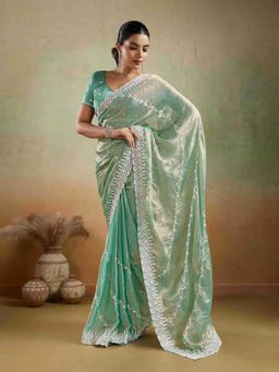 Sethnic Lifestyle - Chiffon Velvet Embroidered Green Saree with Unstitched
