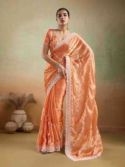 Sethnic Lifestyle - Chiffon Velvet Embroidered Peach Saree with Unstitched