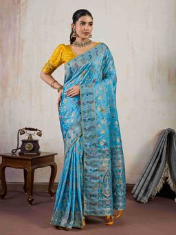 Sethnic Lifestyle - Satin Makhmali Silk Woven Minakari Blue Saree with Unstitched