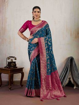 Sethnic Lifestyle - Satin Makhmali Silk Woven Minakari Blue Saree with Unstitched