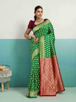 Sethnic Lifestyle - Woven Banarasi Green Saree with Unstitched