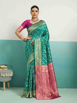 Sethnic Lifestyle - Woven Banarasi Green Saree with Unstitched