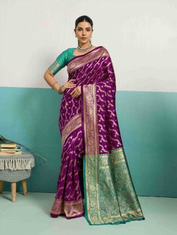 Sethnic Lifestyle - Woven Banarasi Wine Saree with Unstitched