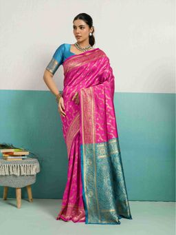 Sethnic Lifestyle - Woven Banarasi Pink Saree with Unstitched