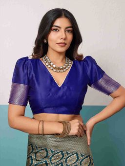 Sethnic Lifestyle - Woven Banarasi Teal Saree with Unstitched