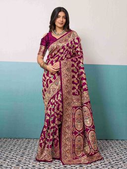Sethnic Lifestyle - Woven Banarasi Wine Saree with Unstitched