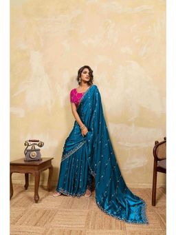 Sethnic Lifestyle - Beads Embroidered Teal Saree with Unstitched