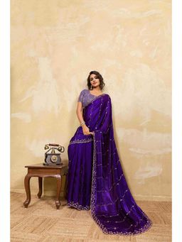 Sethnic Lifestyle - Beads Embroidered Purple Saree with Unstitched