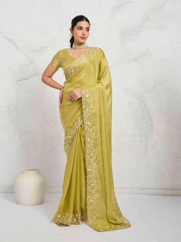 Sethnic Lifestyle - Chiffon Velvet Embroidery Green Saree with Unstitched