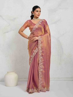 Sethnic Lifestyle - Chiffon Velvet Embroidery Pink Saree with Unstitched