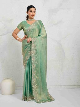 Sethnic Lifestyle - Chiffon Velvet Embroidery Green Saree with Unstitched