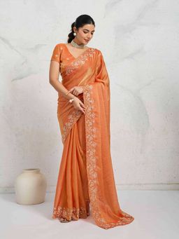 Sethnic Lifestyle - Chiffon Velvet Embroidery Orange Saree with Unstitched