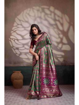 Sethnic Lifestyle - Soft Silk Meenakari Woven Green Saree with Unstitched