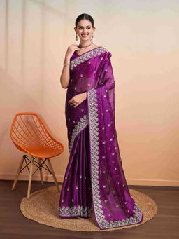 Sethnic Lifestyle - Burberry Chiffon Embroidered Magenta Saree with Unstitched