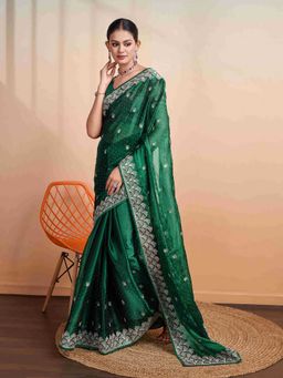 Sethnic Lifestyle - Burberry Chiffon Embroidered Green Saree with Unstitched