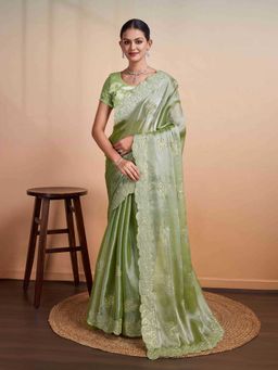 Sethnic Lifestyle - Burberry Chiffon Embroidered Green Saree with Unstitched