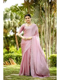 Sethnic Lifestyle - Satin Chiffon Zarkan & Beads Work Pink Saree with Unstitched