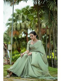Sethnic Lifestyle - Satin Chiffon Zarkan & Beads Work Green Saree with Unstitched