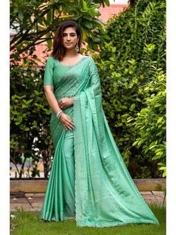 Sethnic Lifestyle - Satin Chiffon Zarkan & Beads Work Green Saree with Unstitched