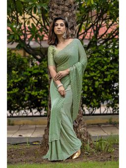 Sethnic Lifestyle - Satin Chiffon Zarkan & Beads Work Green Saree with Unstitched