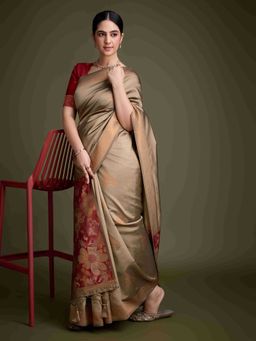 Sethnic Lifestyle - Woven Banarasi Silk Beige Saree with Unstitched