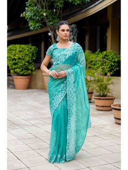 Sethnic Lifestyle - Twill Net Embroidered Blue Saree with Unstitched