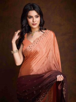 Sethnic Lifestyle - Ombre Chinon Mirror Work Brown Saree with Unstitched