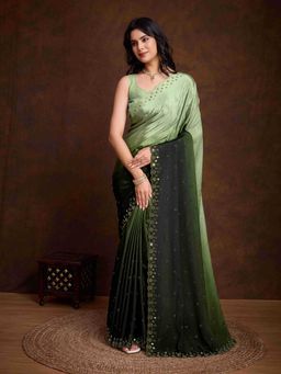 Sethnic Lifestyle - Ombre Chinon Mirror Work Green Saree with Unstitched