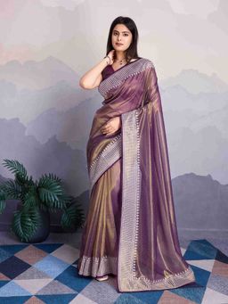 Sethnic Lifestyle - Twill Net Embroidered Wine Saree with Unstitched