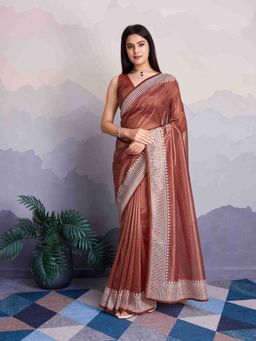 Sethnic Lifestyle - Twill Net Embroidered Brown Saree with Unstitched
