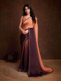 Sethnic Lifestyle - Ombre Chinon Diamond Work Brown Saree with Unstitched