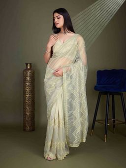 Sethnic Lifestyle - Twill Net Embroidered Green Saree with Unstitched