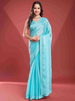 Sethnic Lifestyle - Chiffon Burberry Embroidered Green Saree with Unstitched