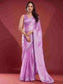 Sethnic Lifestyle - Chiffon Burberry Embroidered Lavender Saree with Unstitched