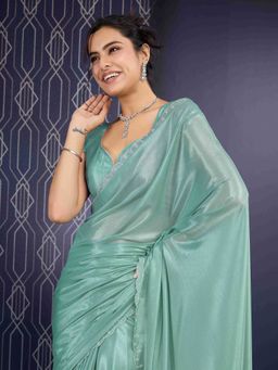 Sethnic Lifestyle - Ice Georgette Zarkan Work Green Saree with Unstitched