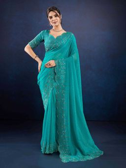 Sethnic Lifestyle - Chiffon Crush Beads Work Green Saree with Unstitched