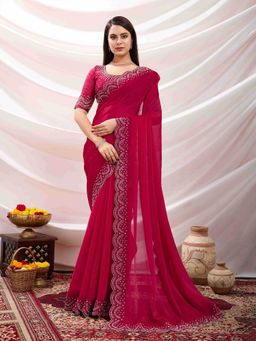 Sethnic Lifestyle - Chiffon Velvet Stone Work Red Saree with Unstitched