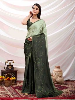 Sethnic Lifestyle - Ombre Satin Cocktail Wear Stonework Green Saree with Unstitched