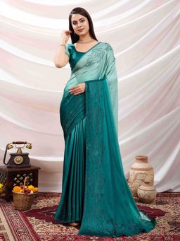 Sethnic Lifestyle - Ombre Satin Cocktail Wear Stonework Teal Saree with Unstitched