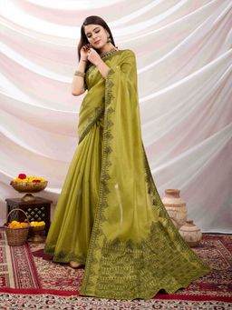 Sethnic Lifestyle - Linen Woven Partywear Green Saree with Unstitched