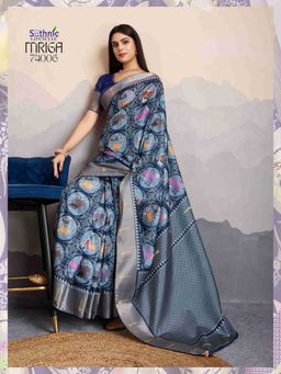 Sethnic Lifestyle - Dola Silk Digital Printed Navy Blue Saree with Unstitched
