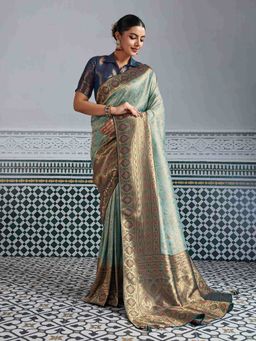 Sethnic Lifestyle - Green Kanjivaram Silk Soft Chap Dyed Minakari Saree with Unstitched