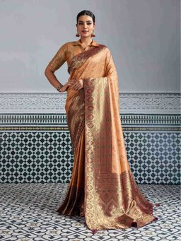 Sethnic Lifestyle - Peach Kanjivaram Silk Soft Chap Dyed Minakari Saree with Unstitched
