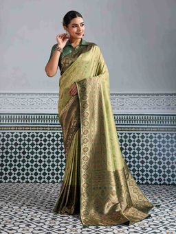 Sethnic Lifestyle - Green Kanjivaram Silk Soft Chap Dyed Minakari Saree with Unstitched