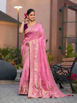 Sethnic Lifestyle - Pink Dola Silk Hand Dyed Saree with Unstitched