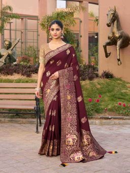 Sethnic Lifestyle - Maroon Dola Silk Hand Dyed Saree with Unstitched